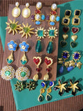 Large Vintage Earrings Geometric Enamel Retro Crystal Pearls Stone