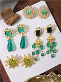 Large Vintage Earrings Geometric Enamel Retro Crystal Pearls Stone