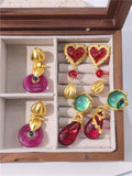 Large Vintage Earrings Geometric Enamel Retro Crystal Pearls Stone