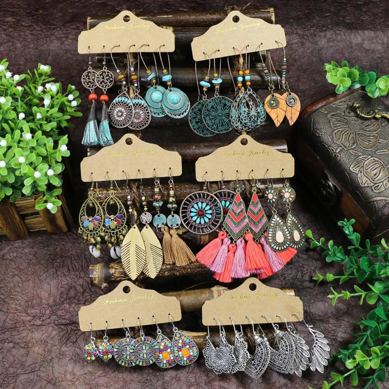 Bohemian Style Earrings Set Colorful Tassel Leaf Beads
