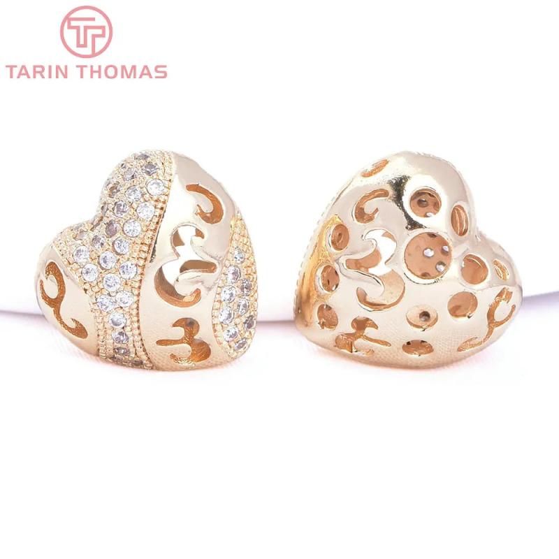 2PCS 24K Plated Brass Zircon Heart Beads
