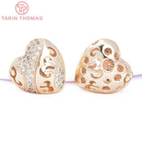 2PCS 24K Plated Brass Zircon Heart Beads