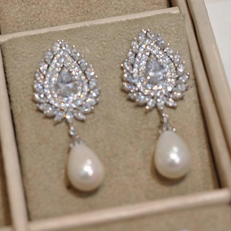 Bling Iced Out Bride Wedding Dangle Earrings Silver Women's Jewelry