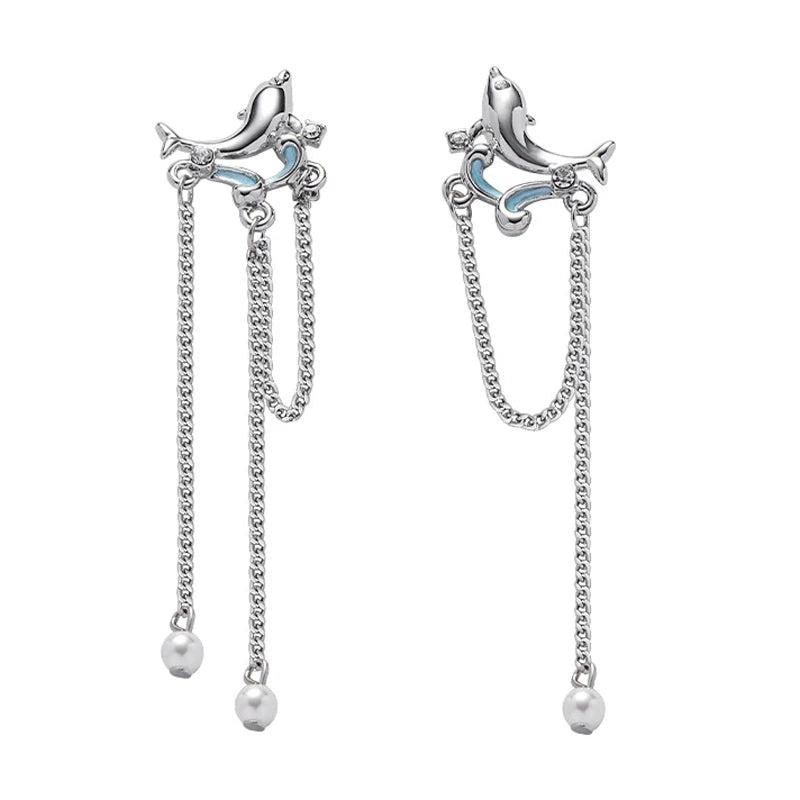 Vintage Enamel Zircon Wave Dolphin Tassel Chain Drop Pearls Earrings