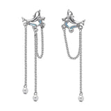 Vintage Enamel Zircon Wave Dolphin Tassel Chain Drop Pearls Earrings