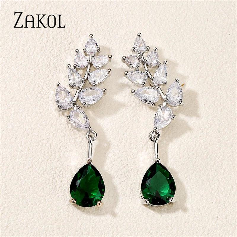 Green Water Drop CZ Zirconia Dangle Earrings Leaf Bridal Wedding
