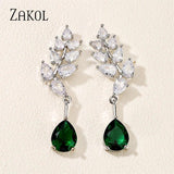Green Water Drop CZ Zirconia Dangle Earrings Leaf Bridal Wedding