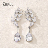 Green Water Drop CZ Zirconia Dangle Earrings Leaf Bridal Wedding
