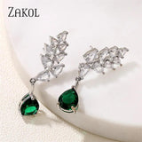 Green Water Drop CZ Zirconia Dangle Earrings Leaf Bridal Wedding