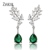 Green Water Drop CZ Zirconia Dangle Earrings Leaf Bridal Wedding