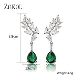 Green Water Drop CZ Zirconia Dangle Earrings Leaf Bridal Wedding