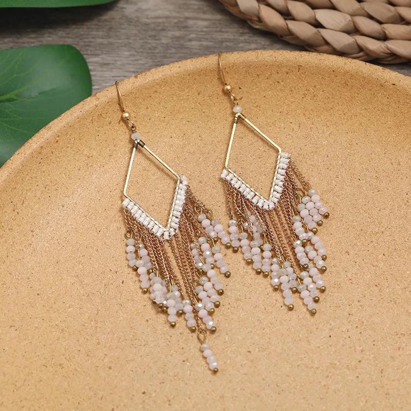 Boho Ethnic Crystal Earrings Long Tassel Vacation Gift