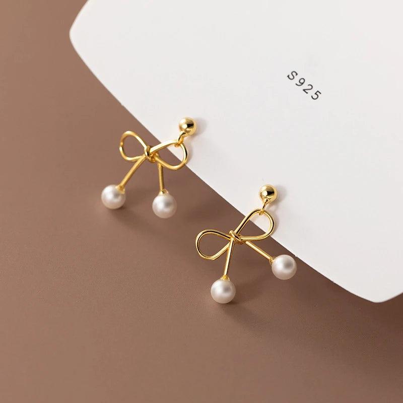 925 Silver Bow Knot Earrings with Synthetic Pearls