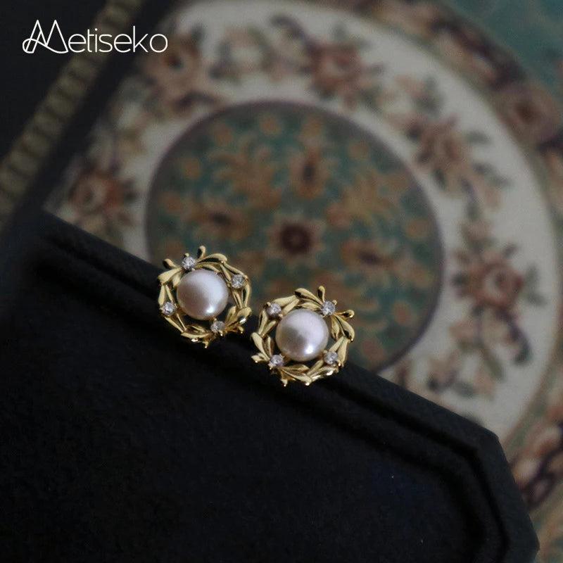 925 Silver Retro Floral Hoop Stud Earrings 14K Shellfish Beads