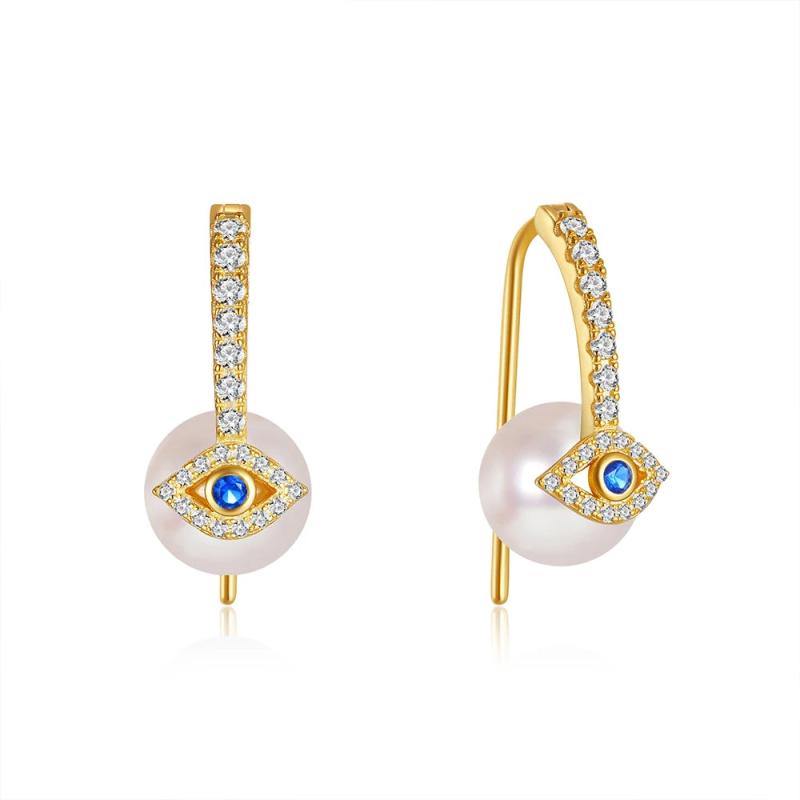 925 Silver Vintage Pearls Devil Eye Zircon Stud Earrings Women 18K Jewelry