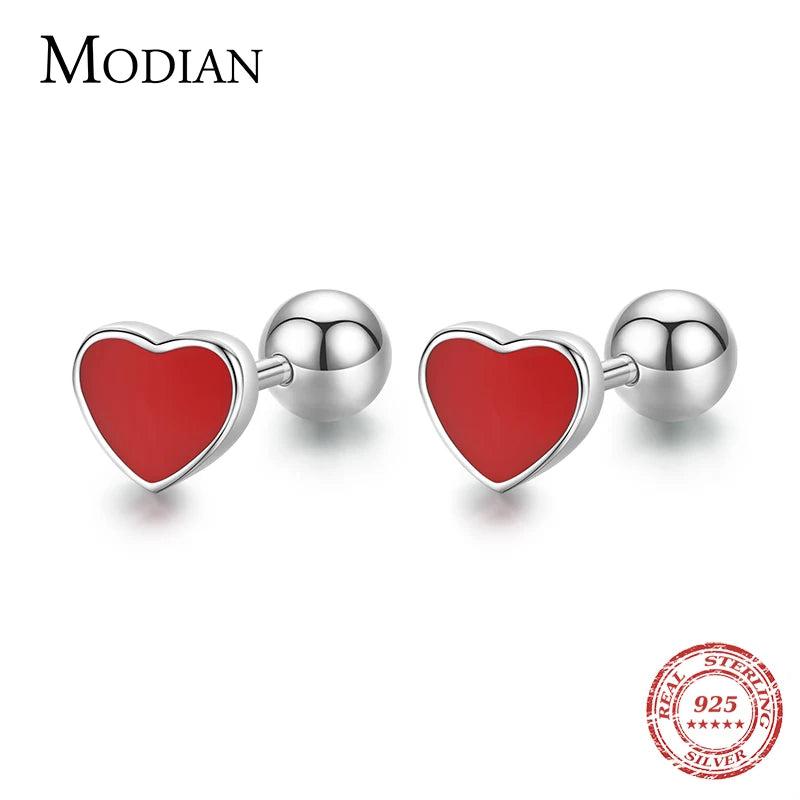 Red Enamel Stud Earrings 925 Sterling Silver Screw Bead For Women