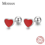 Red Enamel Stud Earrings 925 Sterling Silver Screw Bead For Women