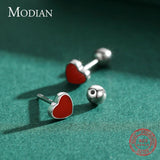 Red Enamel Stud Earrings 925 Sterling Silver Screw Bead For Women
