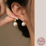 Sterling Silver Short Hanging Synthetic Pearls Stud Earrings