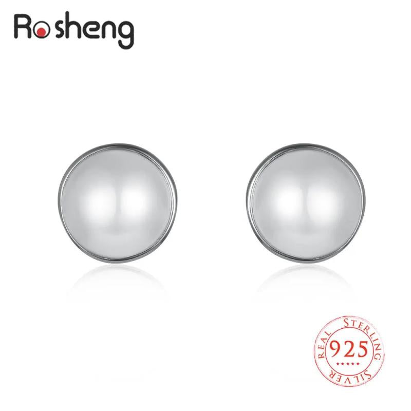 925 Silver Shell Simulated-pearl Stud Earrings Round Gems Ear Jewelry