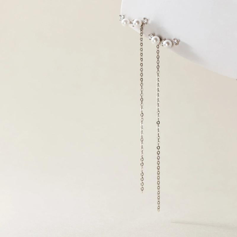 925 Silver Long Tassel Earrings with Synthetic Pearls