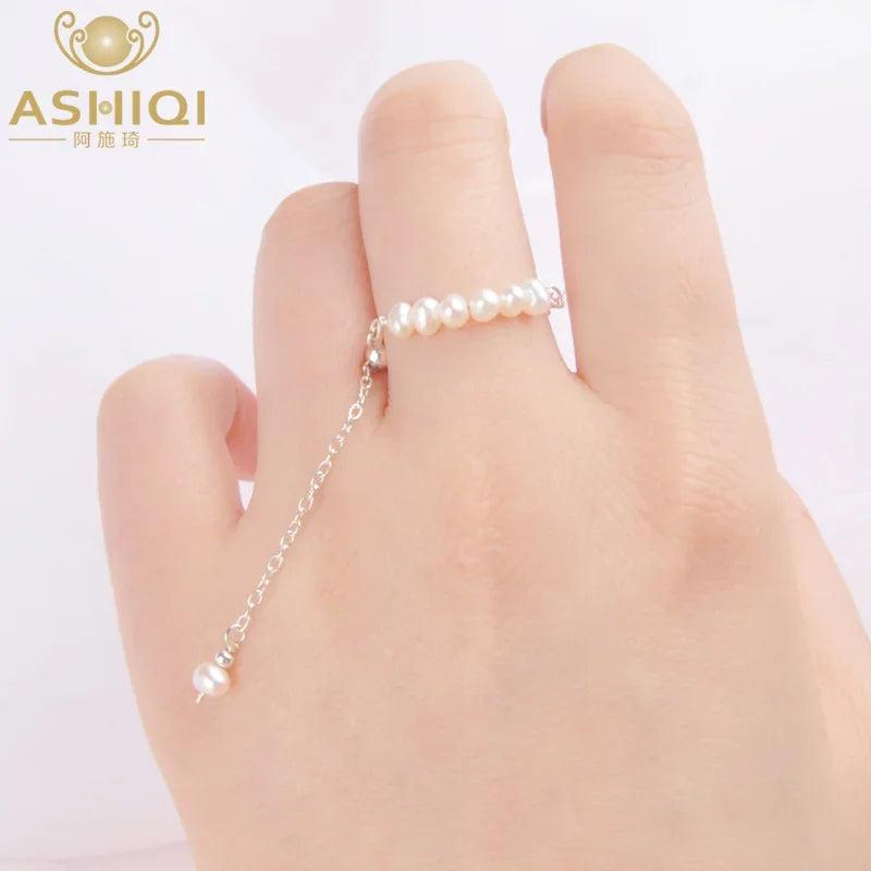 Real Pearl 925 Silver Tassel Adjustable Ring Women Jewelry