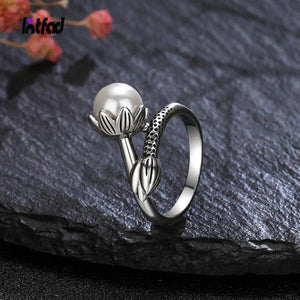 925 Silver Natural Pearl Flower Ring Vintage Fine Jewelry for Women