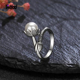 925 Silver Natural Pearl Flower Ring Vintage Fine Jewelry for Women