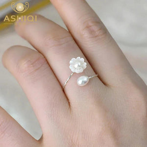 Natural Shell Flower Pearl Ring 925 Sterling Silver Jewelry Women