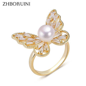 Butterfly Pearl Ring Zircon Natural Pearl 14K Gild Diamond Female Ring