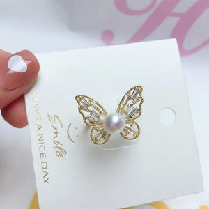 Butterfly Pearl Ring Zircon Natural Pearl 14K Gild Diamond Female Ring