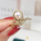 14K Plated Pearl Ring AAA Zircon Drop Personality Jewelry