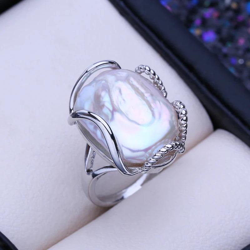 Baroque Pearl 925 Sterling Silver Ring for Women Bridal Wedding Jewelry