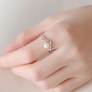 925 Silver Natural Pearl Ring Leaf Design for Women