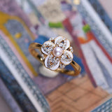 Vintage Pearl Enamel Flower Engagement Ring Adjustable