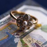 Vintage Pearl Enamel Flower Engagement Ring Adjustable