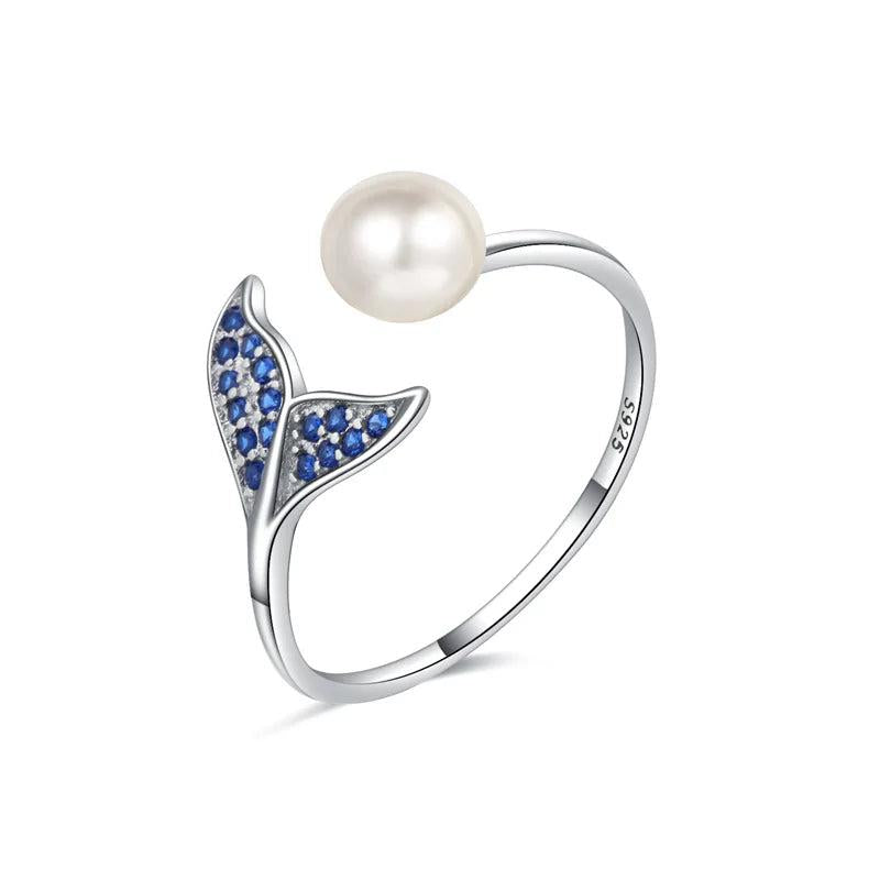 Trustdavis 925 Silver Mermaid Tail Pearl Opening Ring Wedding Jewelry DF132