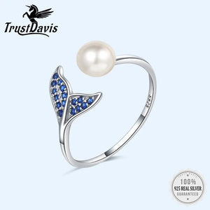 Trustdavis 925 Silver Mermaid Tail Pearl Opening Ring Wedding Jewelry DF132
