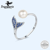 Trustdavis 925 Silver Mermaid Tail Pearl Opening Ring Wedding Jewelry DF132