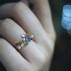 Leaf-Wrapped Aquamarine Drop Adjustable Ring for Girlfriends