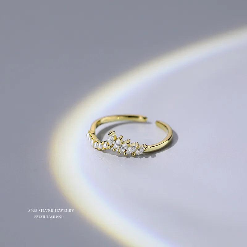 925 Silver Pearl Oval Zircon V Open Ring Women Birthday Jewelry Gift