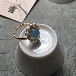 Aquamarine & Pearl Ring for Women - Natural Freshwater Pearl Jewelry