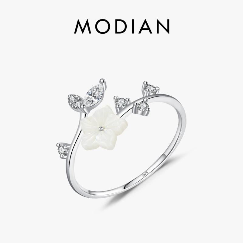 Shell Pearl Flower Ring 925 Sterling Silver Opening Stackable Rings
