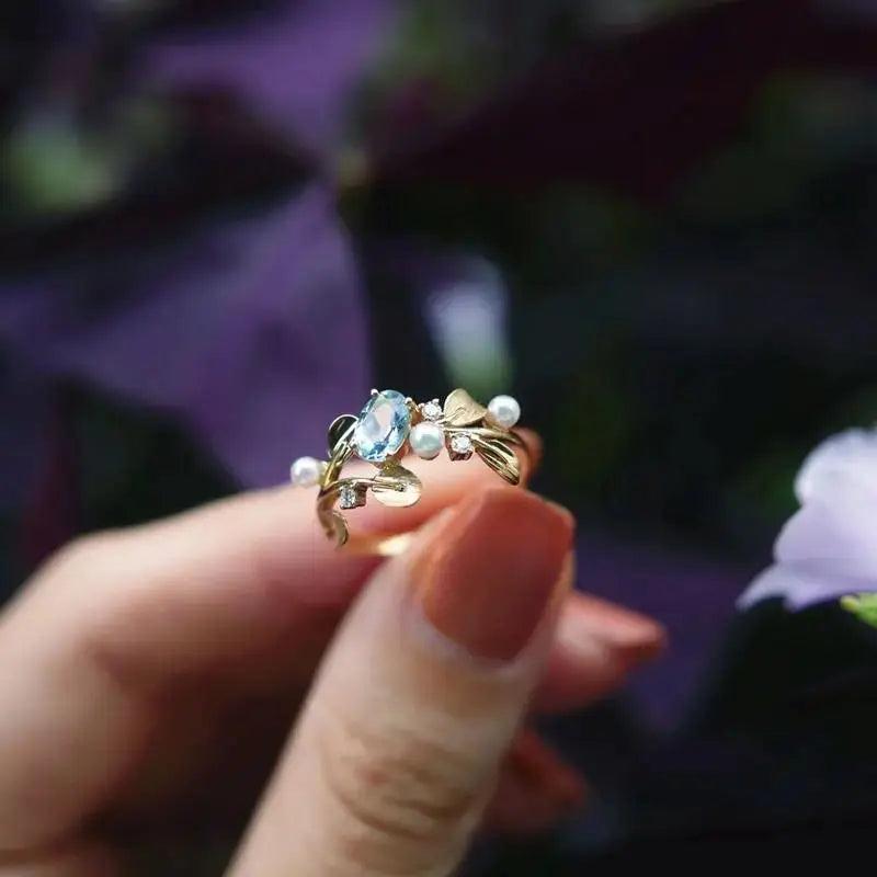 Leaf-Wrapped Pearl Aquamarine Drop Ring for Girlfriends and Friends