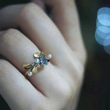 Leaf-Wrapped Pearl Aquamarine Drop Ring for Girlfriends and Friends