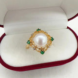 14k Filled Pearl Ring Green Zircon Diamond Square Natural Pearl Ring