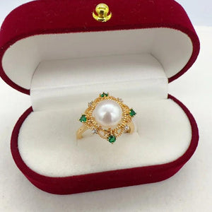 14k Filled Pearl Ring Green Zircon Diamond Square Natural Pearl Ring
