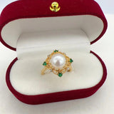 14k Filled Pearl Ring Green Zircon Diamond Square Natural Pearl Ring