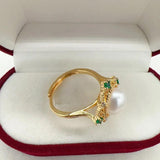 14k Filled Pearl Ring Green Zircon Diamond Square Natural Pearl Ring