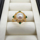 14k Filled Pearl Ring Green Zircon Diamond Square Natural Pearl Ring